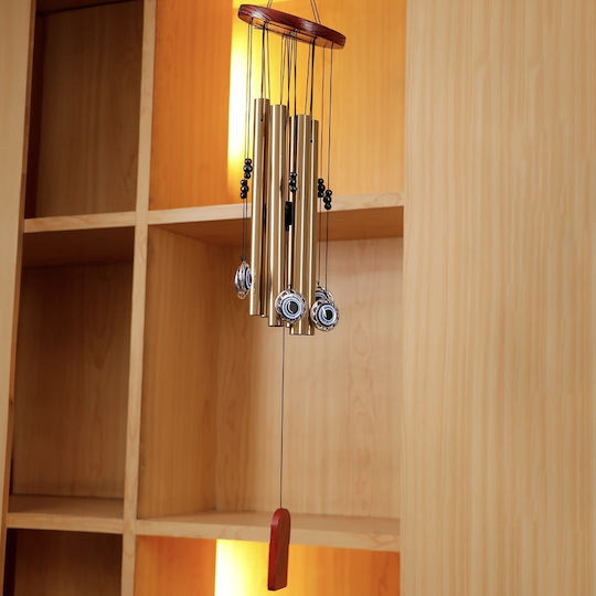Pufo Wind Chime 5 Metal Sound Tubes Home Garden Hamsa Eye Design Gold