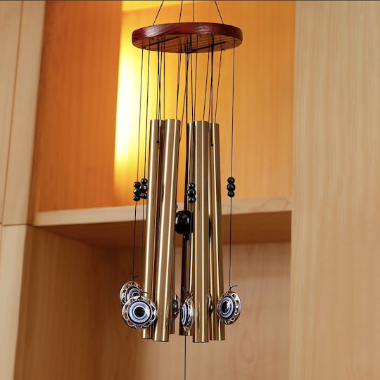 Pufo Wind Chime 5 Metal Sound Tubes Home Garden Hamsa Eye Design Gold