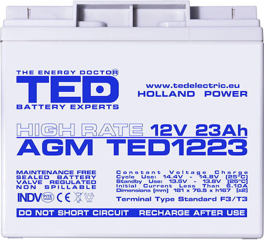 Baterie Ted Electric Ted003348 12V Rată Mare Dimensiuni 181 X 76 X 167 Mm 12V 23Ah F3 Baterie