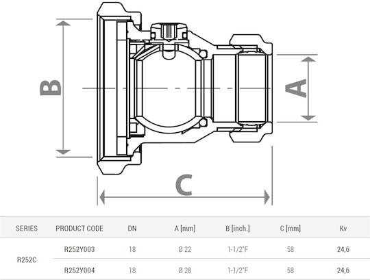 Giacomini Ball Valve Fitting R252y004 Pump Connection Diameter by Compression 28 mm x 1 1/2" Internal Thread Brass