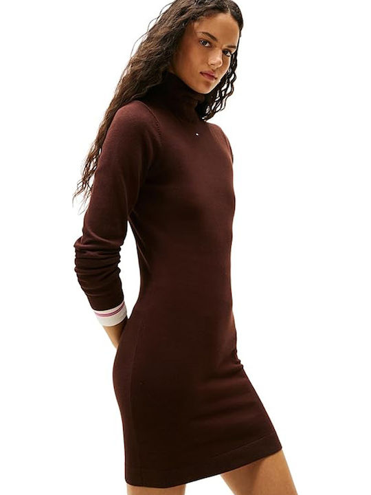 Mini Knitted Dress with Turtleneck Brown