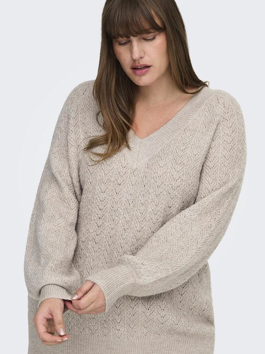 Damen Langarm Pullover mit V-Ausschnitt Beige