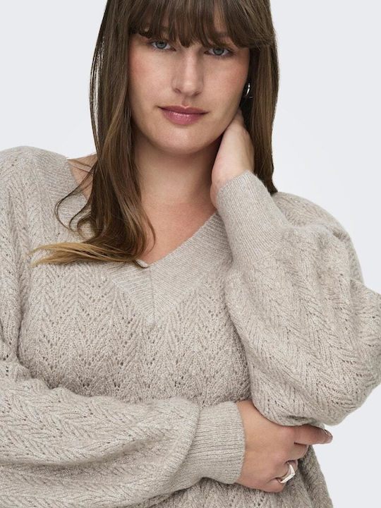 Damen Langarm Pullover mit V-Ausschnitt Beige