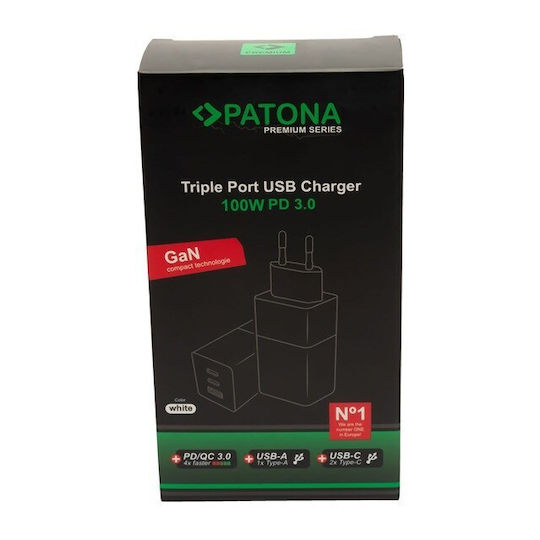 Patona Charger Without Cable GaN with USB-A Port and 2 USB-C Ports 65W Power Delivery / Quick Charge 3.0 Whites (2647)