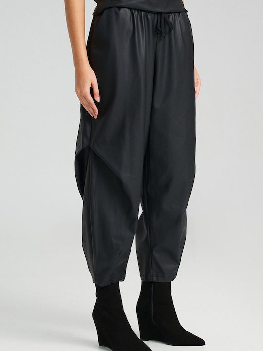 Pants Damen Hoch tailliert Stoff Capri Hose mit Gummizug Black