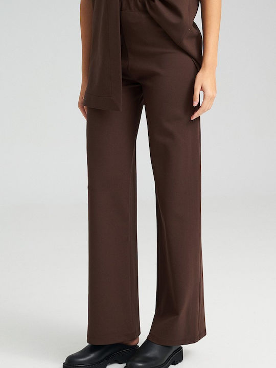 Pants Women's High-waisted Fabric Trousers with Elastic Straight Line Brown