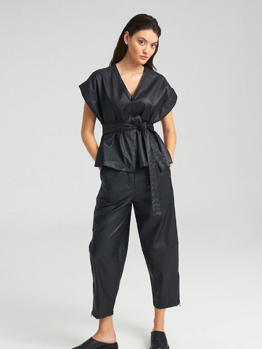 Pants Γυναικείο Ψηλόμεσο Υφασμάτινο Capri Παντελόνι με Λάστιχο Black