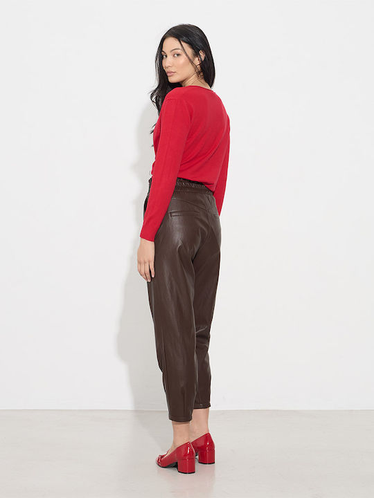 Damen Hoch tailliert Stoff Hose mit Gummizug Brown