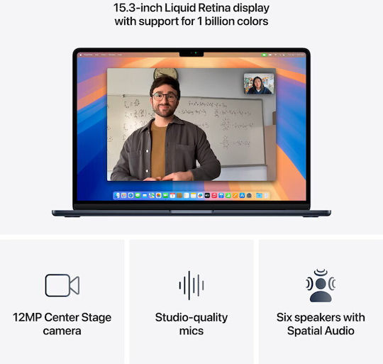 Apple MacBook Air 15.3" IPS Retina Display (M4-10-Core/16GB/256GB SSD/10-Core GPU) με Φορτιστή 35W (Dual Port) Midnight (International English Keyboard)