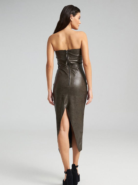 Midi Evening Strapless Leather Khaki Dress