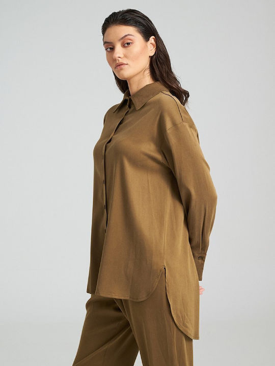 Women's Linen Long Sleeve Shirt Khaki