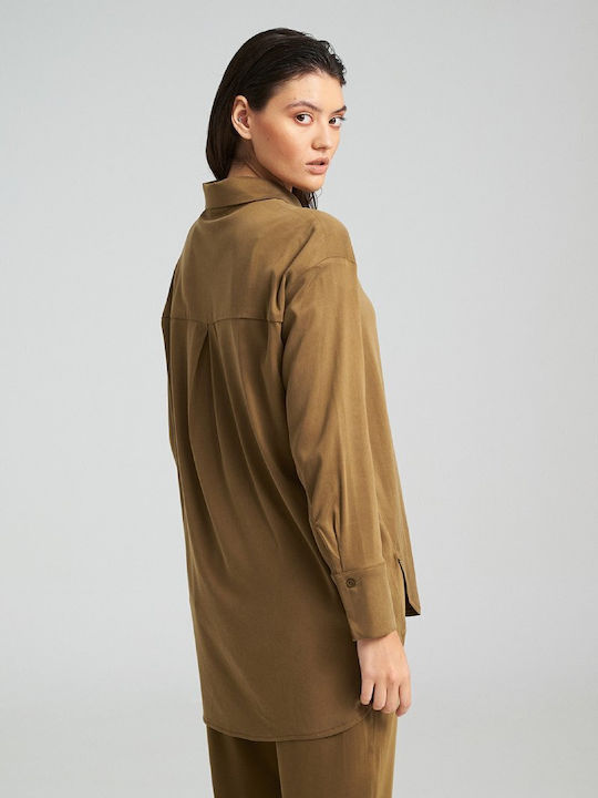 Women's Linen Long Sleeve Shirt Khaki