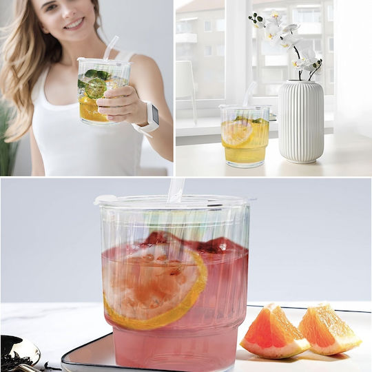 Pahar Pentru Apă Din Sticlă Maro Cu Pai 350ml