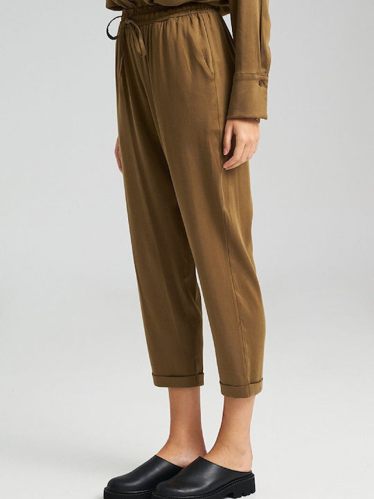 Women's High-waisted Linen Trousers Relaxed Fit Olive