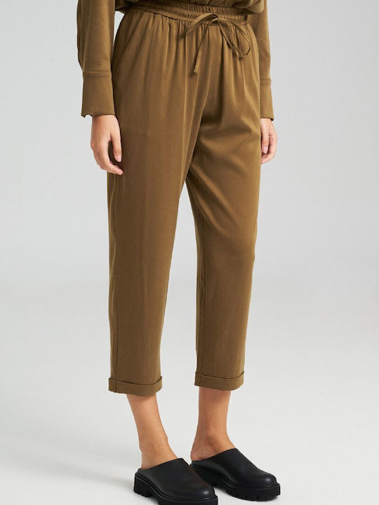Women's High-waisted Linen Trousers Relaxed Fit Olive