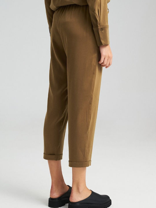 Women's High-waisted Linen Trousers Relaxed Fit Olive