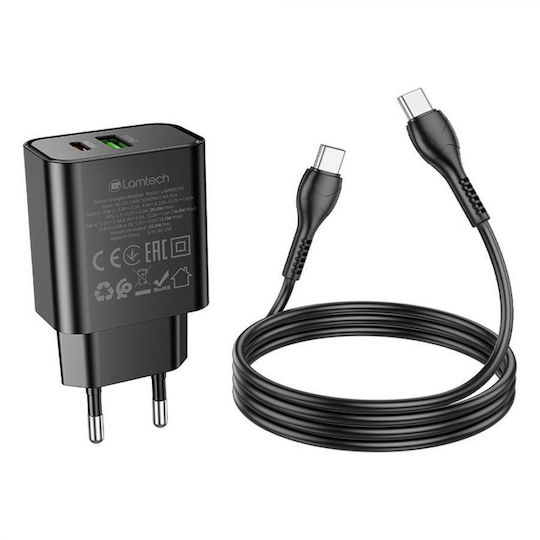 Lamtech Charger with USB-A Port and USB-C Port and Cable USB-C - USB-C 60W Power Delivery / Quick Charge 3.0 Blacks (LAM980701)