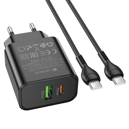 Lamtech Charger with USB-A Port and USB-C Port and Cable USB-C - USB-C 60W Power Delivery / Quick Charge 3.0 Blacks (LAM980701)