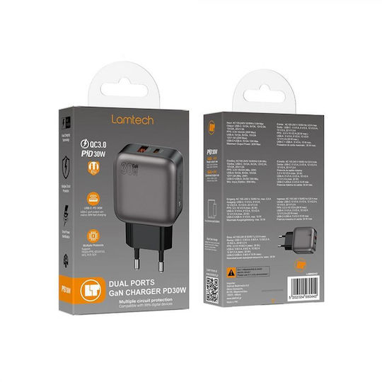 Lamtech Φορτιστής Χωρίς Καλώδιο GaN με Θύρα USB-A και Θύρα USB-C 30W Power Delivery / Quick Charge 2.0 Γκρι (LAM980442)