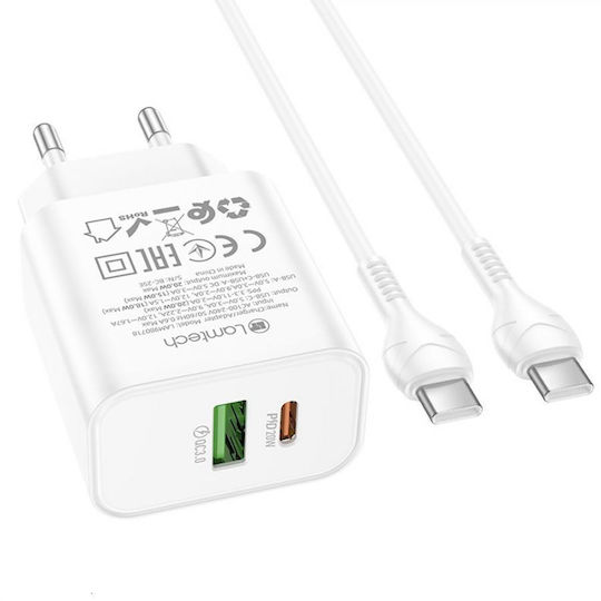 Lamtech Charger with USB-A Port and USB-C Port and Cable USB-C - USB-C 60W Power Delivery / Quick Charge 3.0 Whites (LAM980718)