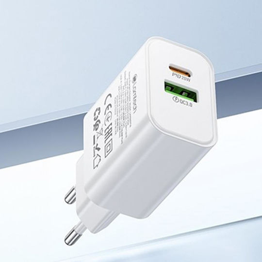 Lamtech Charger with USB-A Port and USB-C Port and Cable USB-C - USB-C 60W Power Delivery / Quick Charge 3.0 Whites (LAM980718)