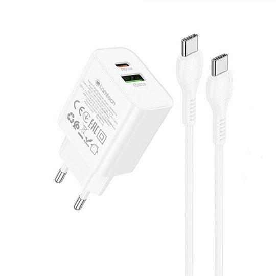 Lamtech Charger with USB-A Port and USB-C Port and Cable USB-C - USB-C 60W Power Delivery / Quick Charge 3.0 Whites (LAM980718)