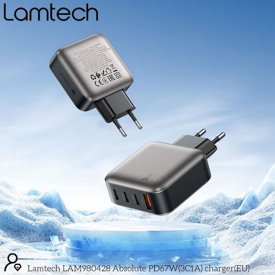 Lamtech Φορτιστής Χωρίς Καλώδιο GaN με Θύρα USB-A και 3 Θύρες USB-C 67W Power Delivery / Quick Charge 2.0 / Quick Charge 3.0 Γκρι (LAM980428)