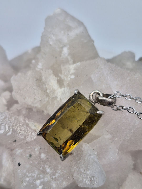 Ασημένιο Κολιέ Κίτρινη Τουρμαλίνη 19.4 Ct & Ατσάλινη Αλυσίδα – Χειροποίητο Statement Κόσμημα Ασημένιο Κολιέ Κίτρινη Τουρμαλίνη 19.4 Ct & Ατσάλινη Αλυσίδα – Χειροποίητο Statement Κόσμημα
