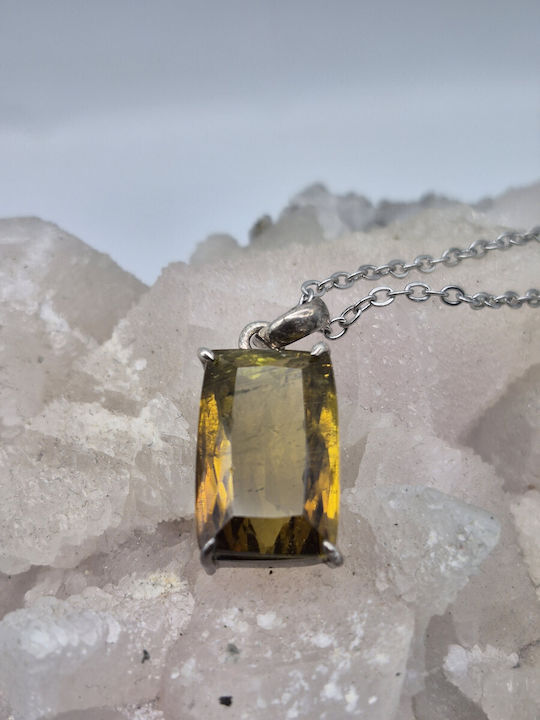 Ασημένιο Κολιέ Κίτρινη Τουρμαλίνη 19.4 Ct & Ατσάλινη Αλυσίδα – Χειροποίητο Statement Κόσμημα