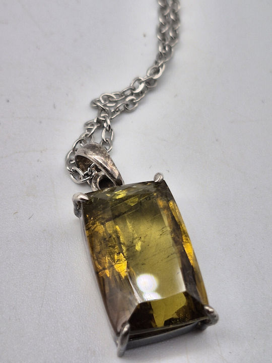 Ασημένιο Κολιέ Κίτρινη Τουρμαλίνη 19.4 Ct & Ατσάλινη Αλυσίδα – Χειροποίητο Statement Κόσμημα