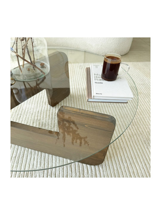 Round Central Glass Coffee Table Walnut-Clear W75xL75xH35cm