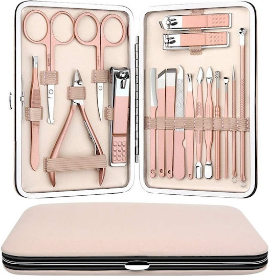 Manicure Pedicure Set 18 Pieces Stainless Steel Portable Case Pink