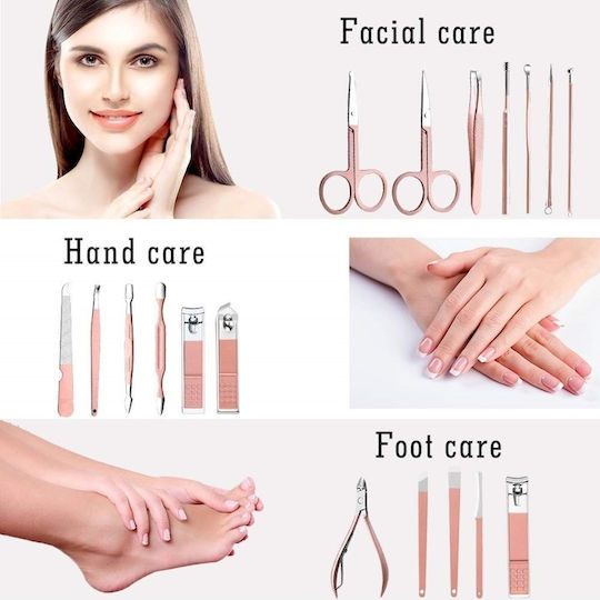 Manicure Pedicure Set 18 Pieces Stainless Steel Portable Case Pink