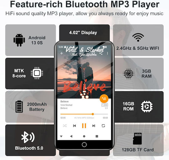 Fanvace MP3 плейър (144GB) с IPS Сензорен Екран 4.02" Черен