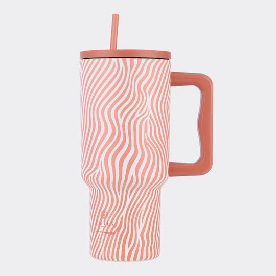 Estia Straw Tumbler XL Save the Aegean Recycelbar Becher mit Griff Thermosflasche Rostfreier Stahl BPA Frei 900ml Soft Ripple mit Stroh und Handgriff