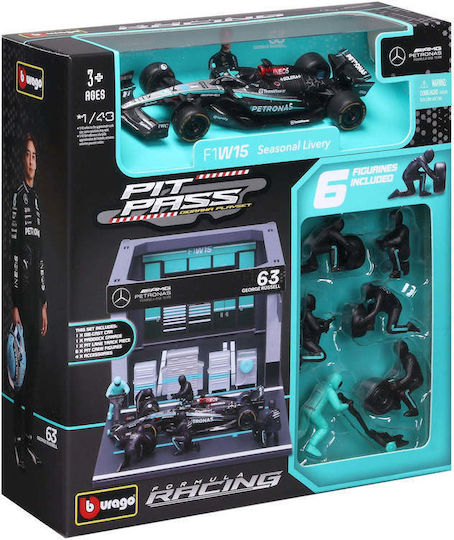 Mεταλλικο Αυτοκινητο Burago 1 43 Formula Racing F1 Mercedes W15 G.russell Pit Pass Diorama Playset 18-38452