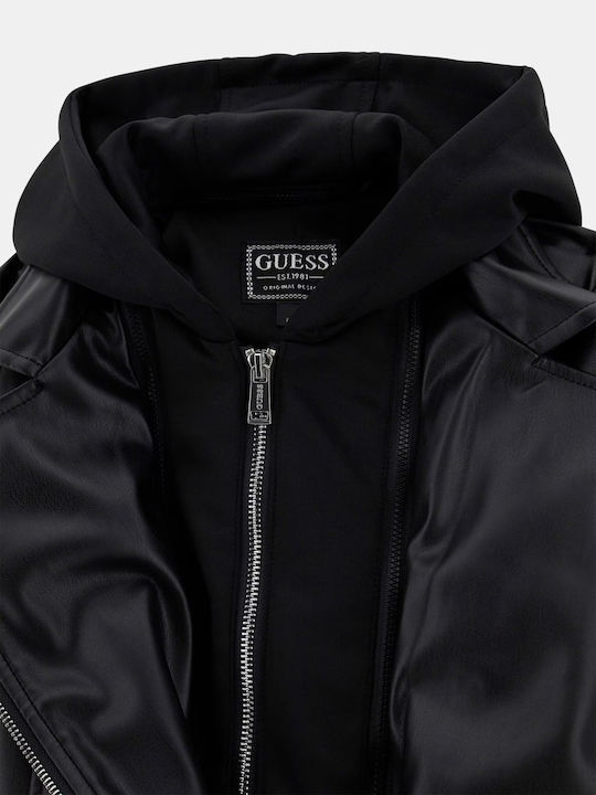 Kinder Lederjacke mit Kapuze Schwarz