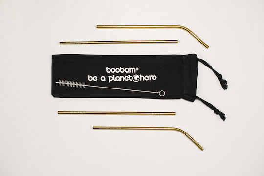 Boobam Straws Metal Gold with Brush with Brush 4pcs