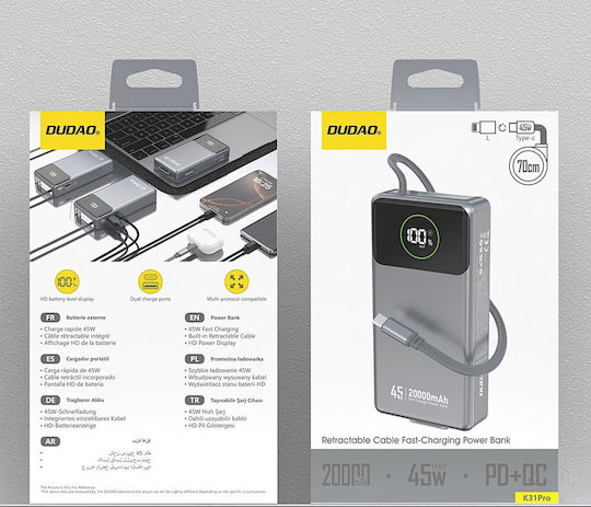 Dudao K31 Pro Power Bank 20000mAh 22.5W με Θύρα USB-C Power Delivery Γκρι