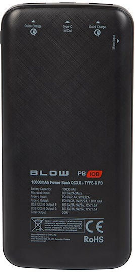 Blow PB10B Power Bank 10000mAh 20W mit 2 USB-A Ausgangsanschlüsse und USB-C Ausgangsanschluss Quick Charge Schwarze