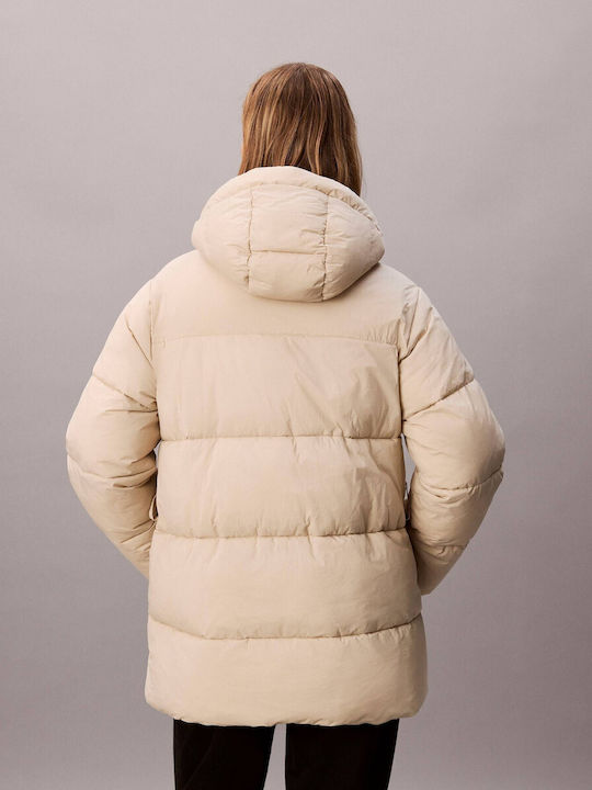 Women's Puffer Jacket Waterproof and Windproof for Winter with Hood Beige