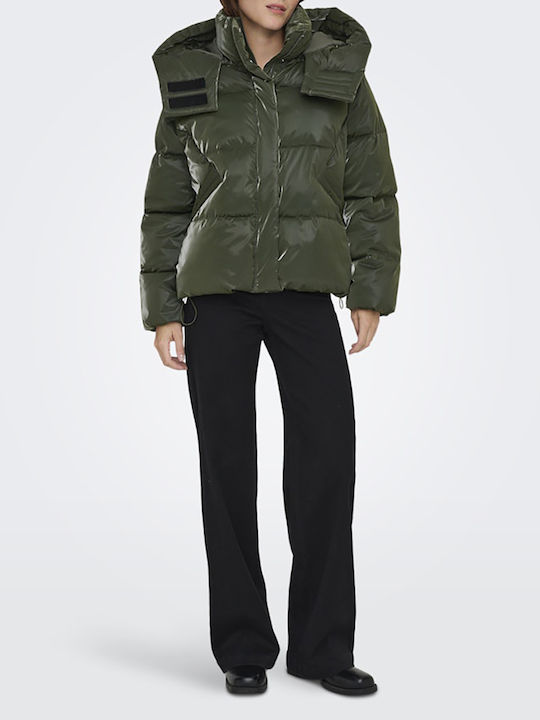 Women's Short Puffer Jacket for Winter Khaki
