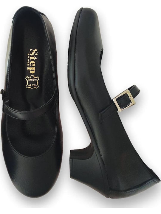 Leder Pumps mit Riemchen & flacher Absatz Schwarz