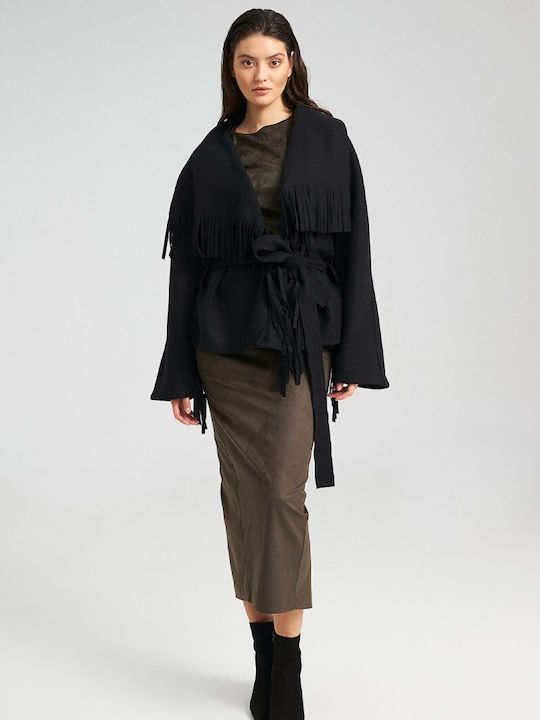 Damen Schwarz Kurzmantel mit Gürtel