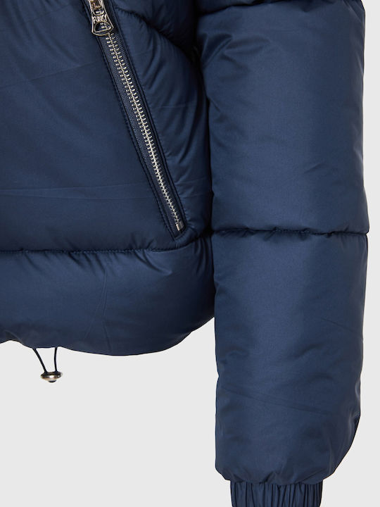 Women's Crop Puffer Jacket for Winter with Hood Navy Blue
