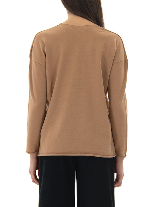 Damen Langarm Pullover mit V-Ausschnitt Black, Camel