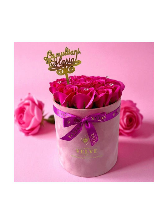 Aranjament Floral Crystal Beauty 15 Trandafiri Săpun Handmade Cristale În Cutie Roz Catifea Topper Fuchsia „La Mulți Ani Maria!”
