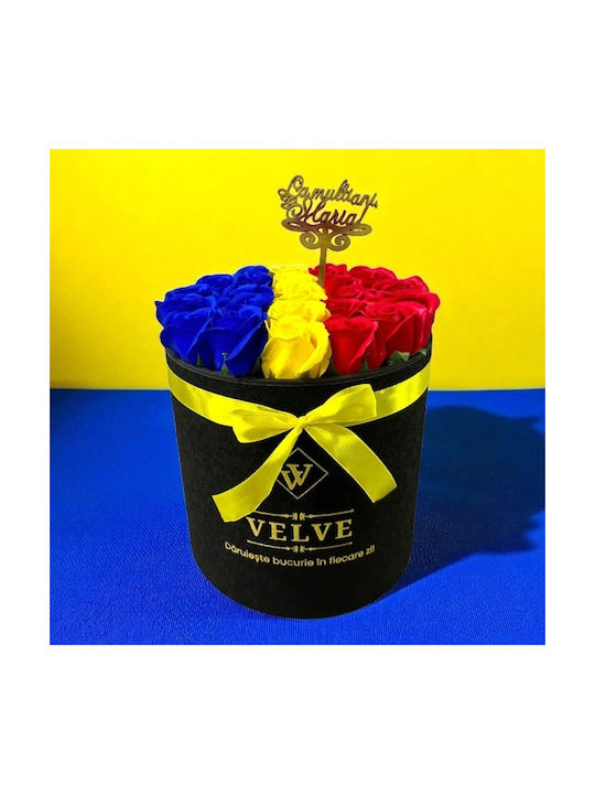 Aranjament Floral Radiance În Cutie Rotundă Neagră 25 Trandafiri Săpun „La Mulți Ani Maria!” Topper Tricolor