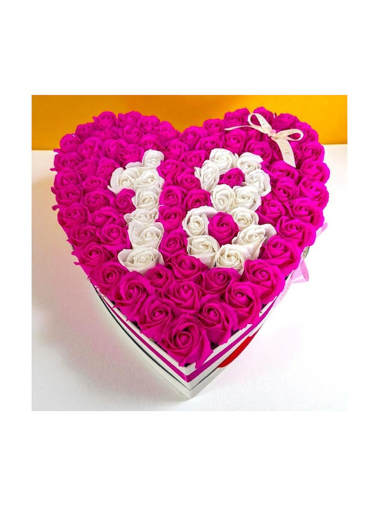 Aranjament Floral Personalizat Numărul 18 În Cutie În Formă De Inimă 115 Trandafiri Săpun Roz-Alb