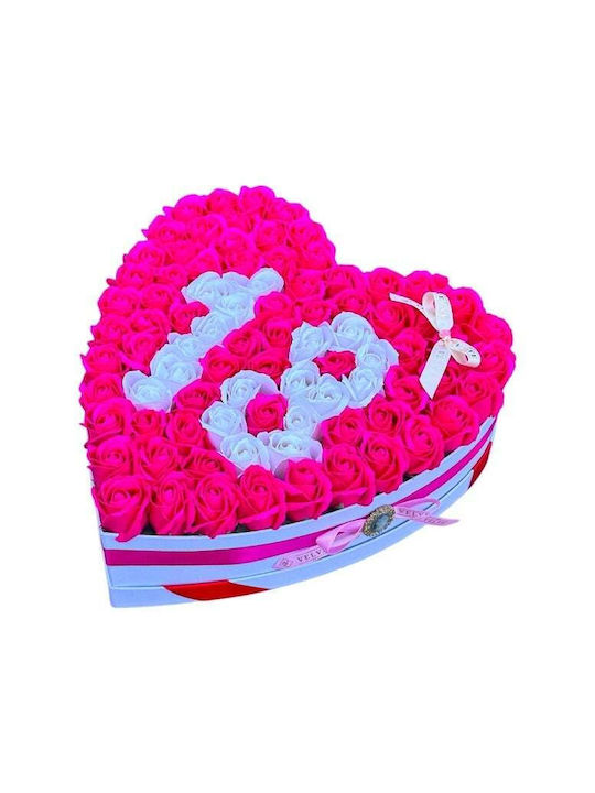 Aranjament Floral Personalizat Numărul 18 În Cutie În Formă De Inimă 101 Trandafiri Săpun Roz-alb